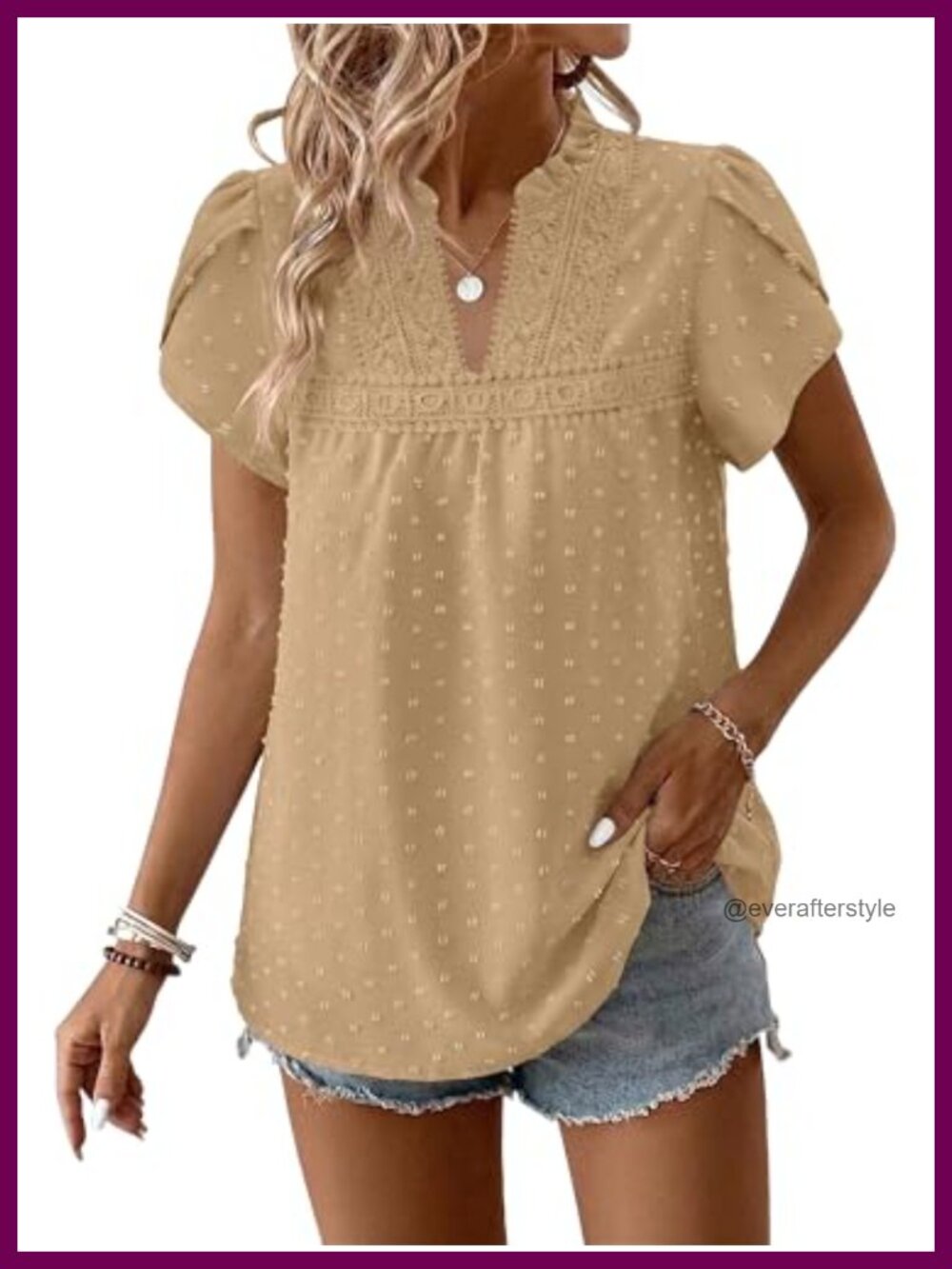 ONLYSHE Boho Tunic Top Women Short Sleeve V-Neck Ruffle Lace Hem Blouse